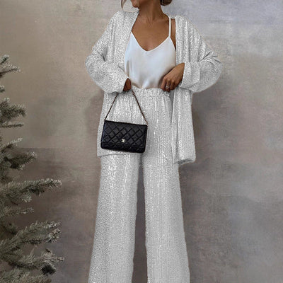 Damen Glitzerndes Lounge-Set mit weitem Schnitt und eleganter, offener Jacke Heidi-Mode