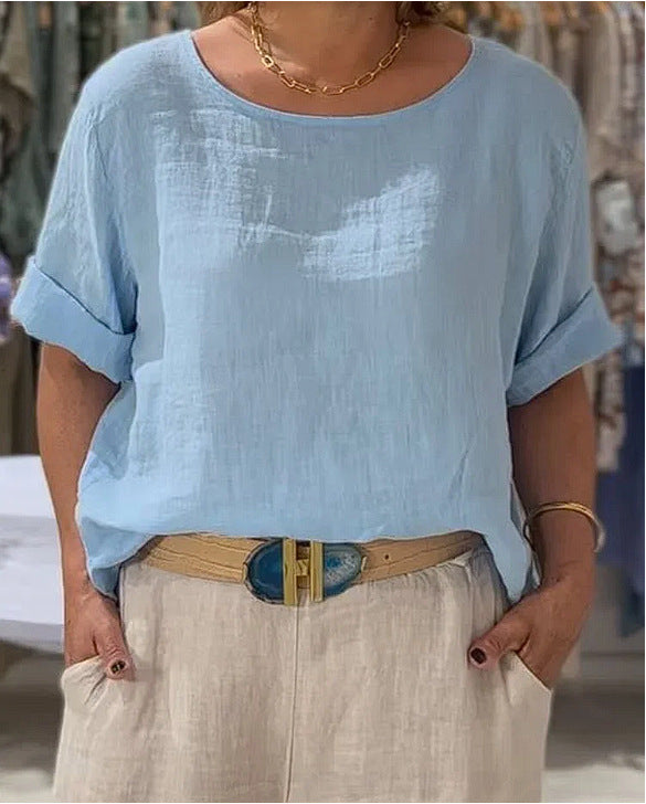 Damen lässige Leinenbluse mit umschlagbaren Ärmeln und elegantem Rundhalsausschnitt Heidi-Mode