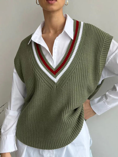 Damen Strickweste mit V-Ausschnitt und sportlichen Akzenten Heidi-Mode