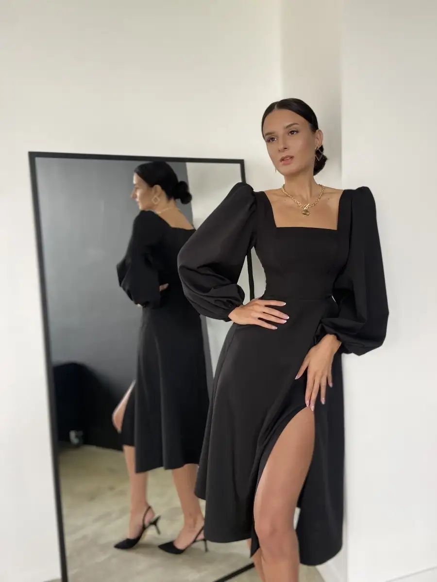 Damen Midikleid mit voluminösen Ärmeln und elegantem V-Ausschnitt Heidi-Mode