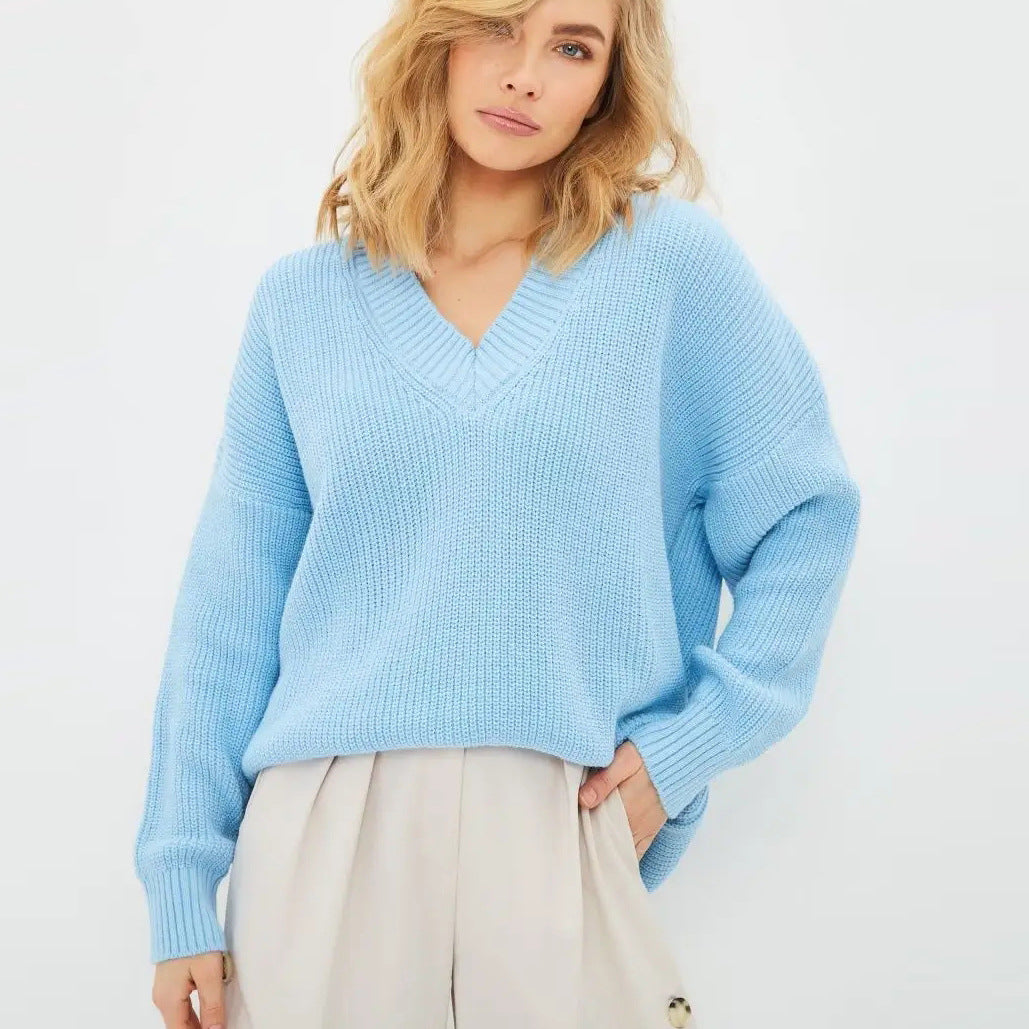 Damen lässiger Strickpullover mit V-Ausschnitt und übergroßen Ärmeln Heidi-Mode
