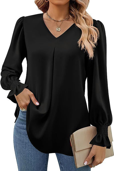 Damen Elegante Bluse mit V-Ausschnitt und Puffärmel Heidi-Mode