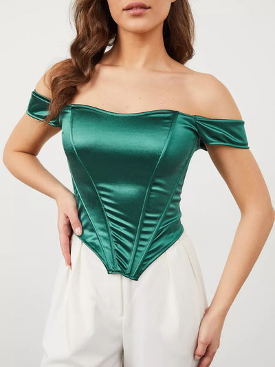 Damen figurbetontes Oberteil mit schulterfreiem Design und edler Satinstruktur Heidi-Mode