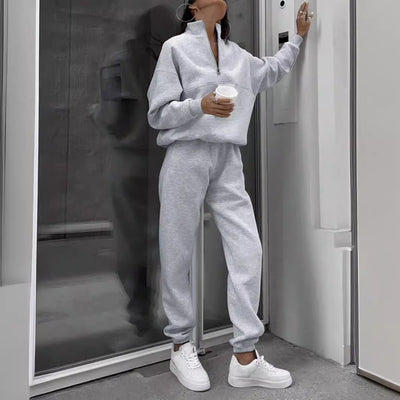 Damen sportliches Sweat-Set mit Reißverschluss und elastischem Bund Heidi-Mode