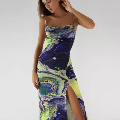 Damen figurbetontes Maxikleid mit seitlichem Schlitz und einzigartigem Marmormuster Heidi-Mode