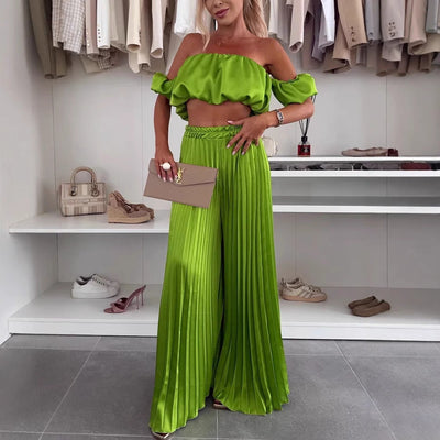 Damen Plissee-Bodenlanger Rock mit elastischem Bund und modischem Crop-Top Heidi-Mode