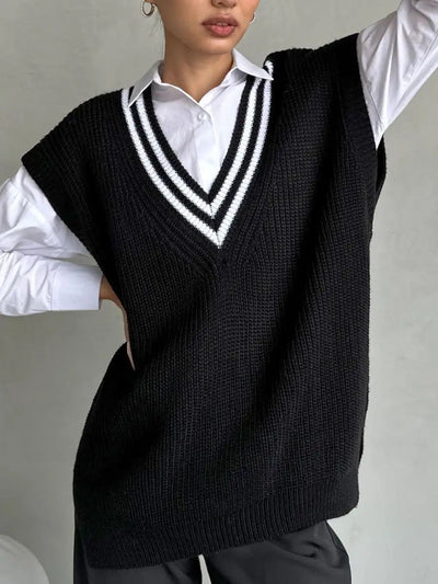 Damen Strickweste mit V-Ausschnitt und sportlichen Akzenten Heidi-Mode
