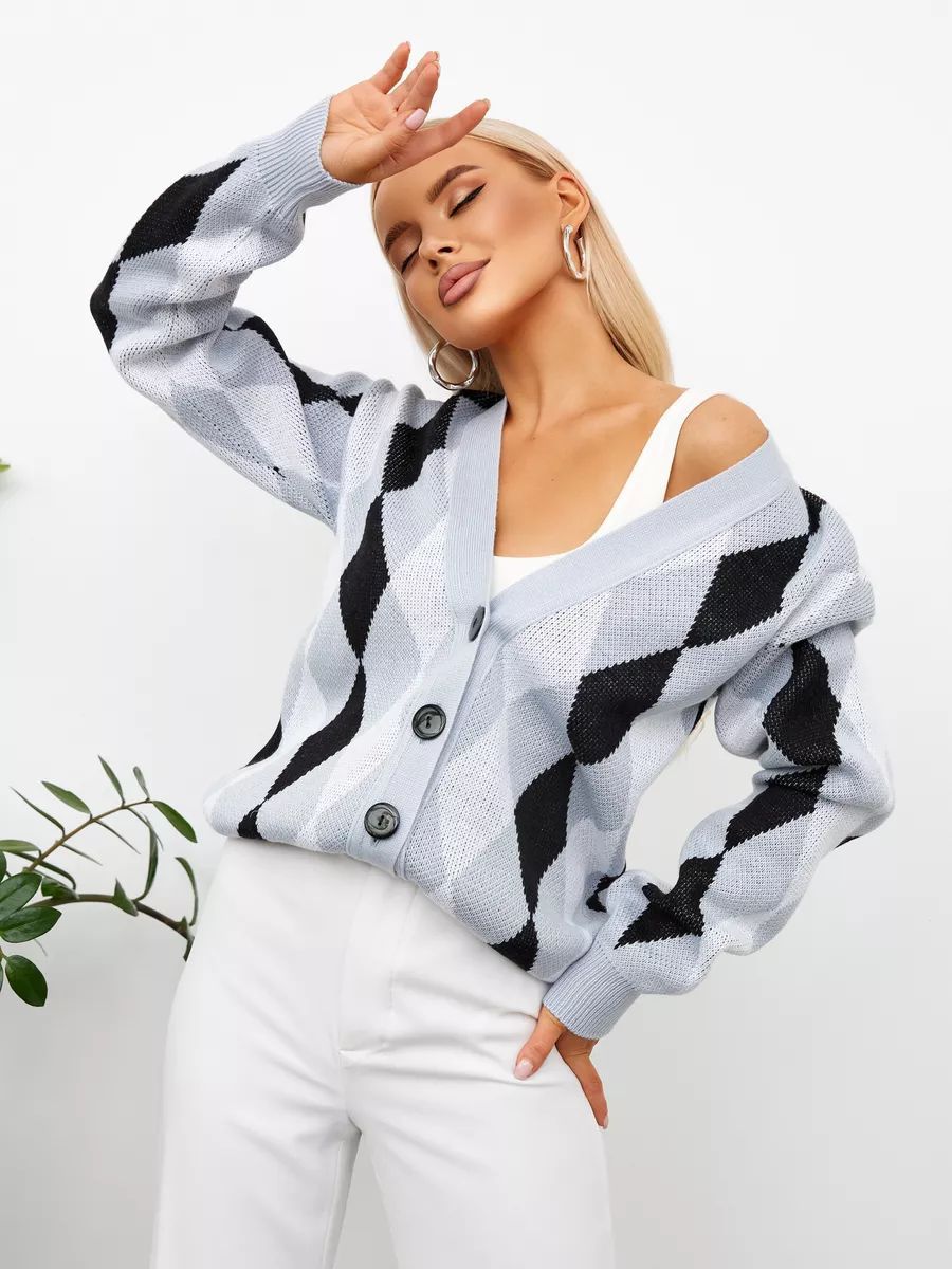 Damen kuscheliger Cardigan mit Rautenmuster und Knopfverschluss Heidi-Mode