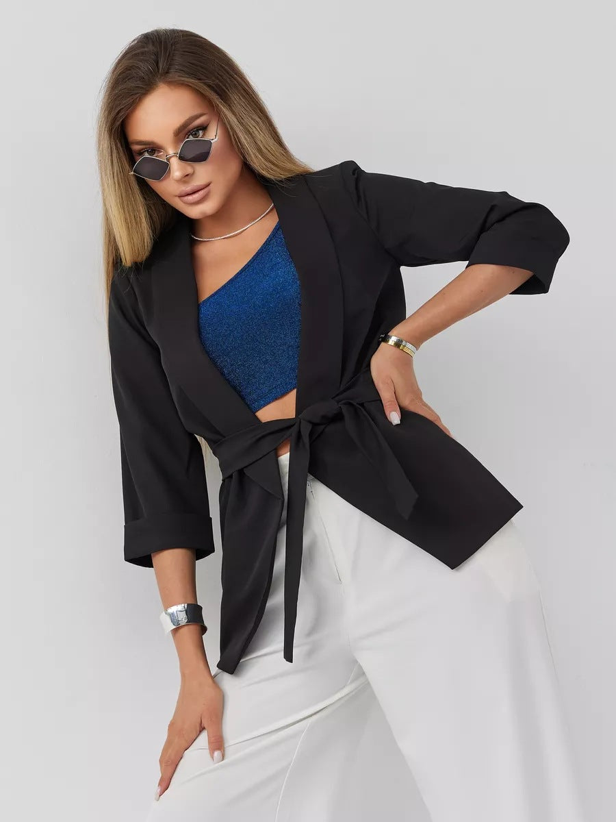 Damen elegante Blazerjacke mit tailliertem Schnitt und Bindegürtel Heidi-Mode
