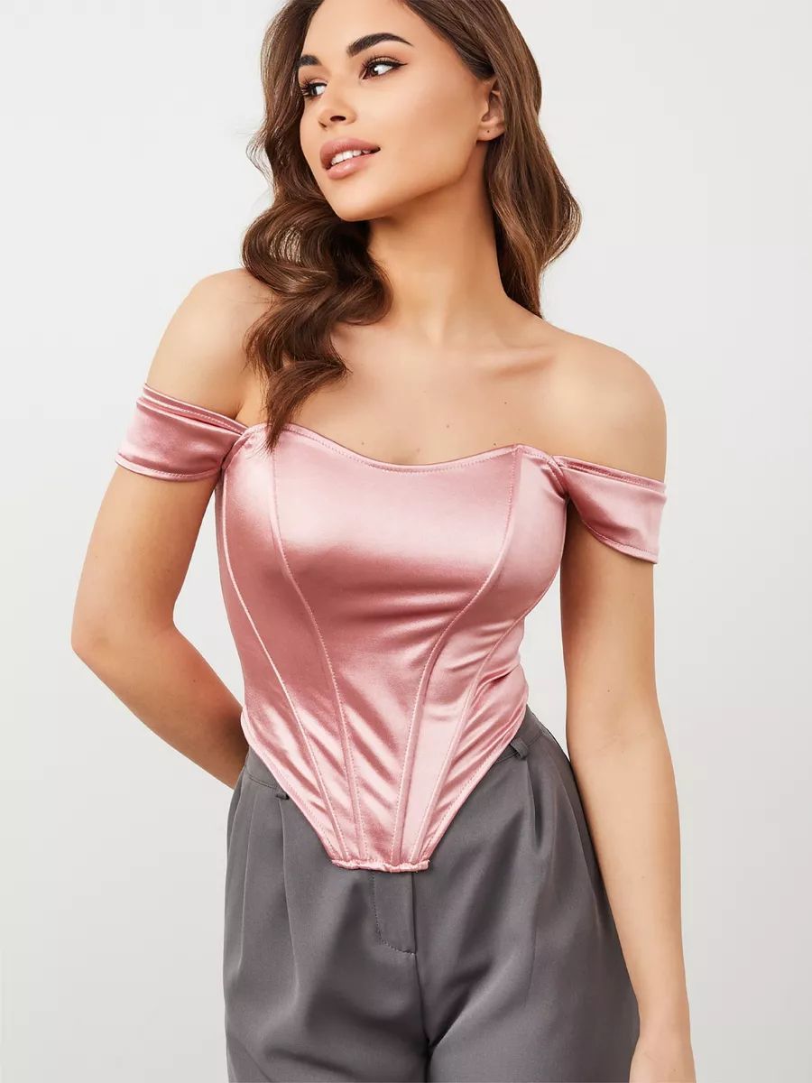 Damen figurbetontes Oberteil mit schulterfreiem Design und edler Satinstruktur Heidi-Mode