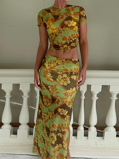 Damen Crop-Top und Maxi-Rock Set mit floralen Mustern und elastischem Bund Heidi-Mode