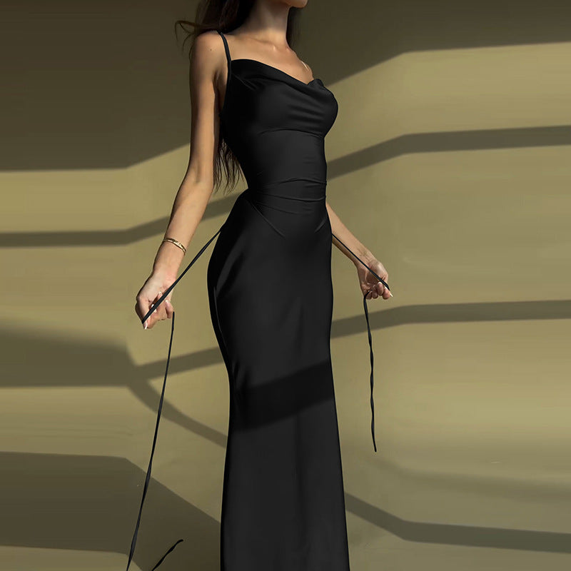 Damen elegantes Satin Maxikleid mit schickem Cowl-Ausschnitt und Spaghettiträgern Heidi-Mode