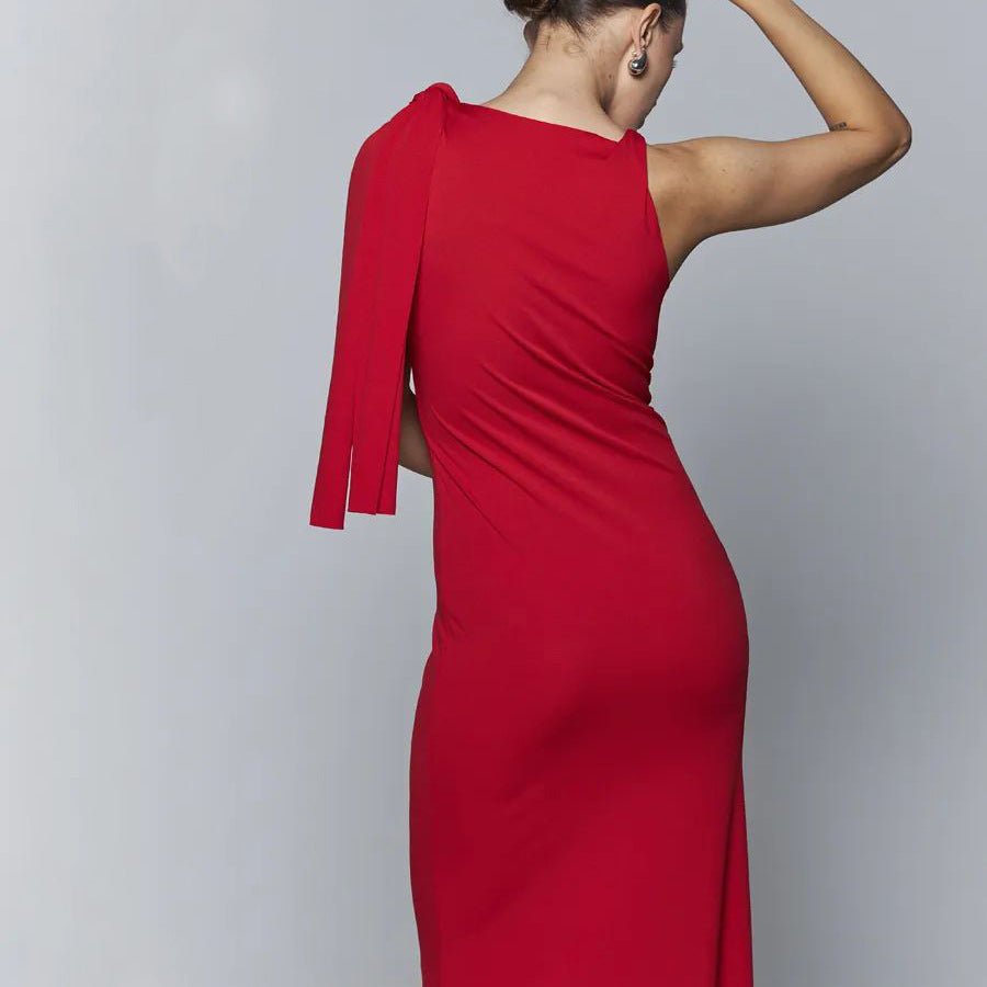 Damen Elegantes langes Kleid mit asymmetrischem Ärmel und figurbetontem Schnitt Heidi-Mode