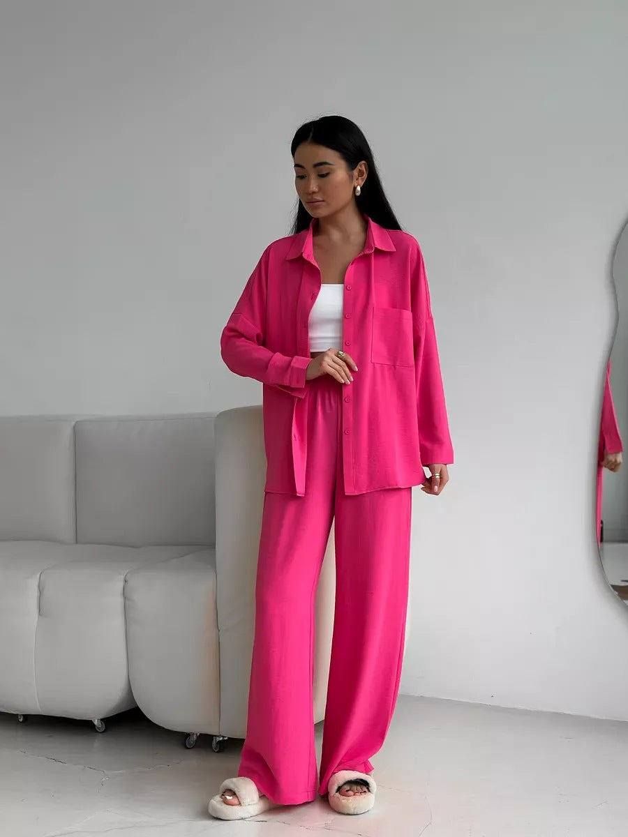 Damen lockerer Leinen-Hosenset mit eleganter Bluse und elastischem Bund Heidi-Mode