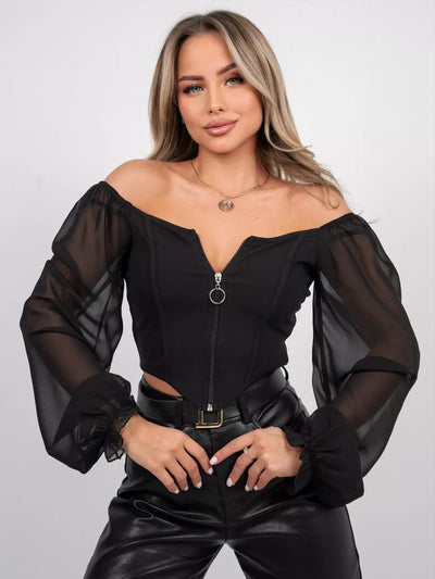 Damen Bluse mit Puffärmeln aus chiffonähnlichem Stoff und quadratischem Ausschnitt Heidi-Mode