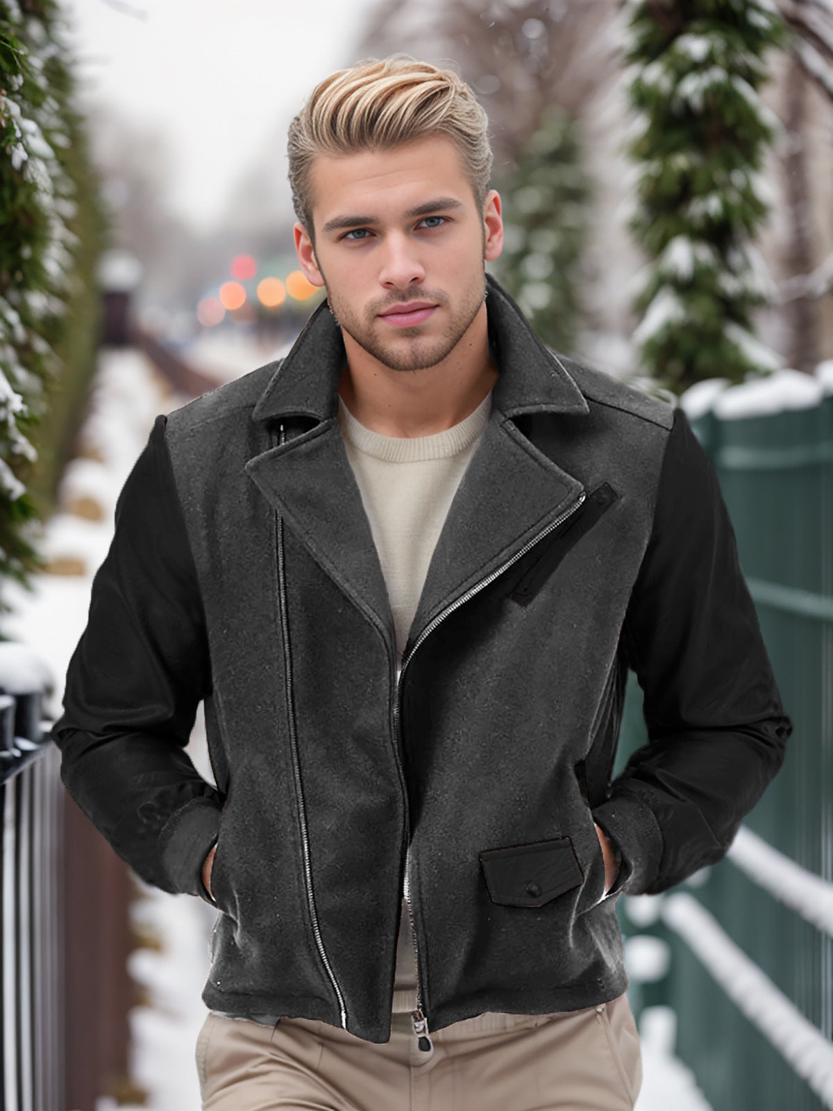 Herren Bikerjacke mit zwei Materialien und praktischen Taschen Aliams