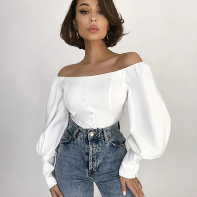 Damen Off-Shoulder Bluse mit eleganten Puffärmeln und Knopfdetails Heidi-Mode