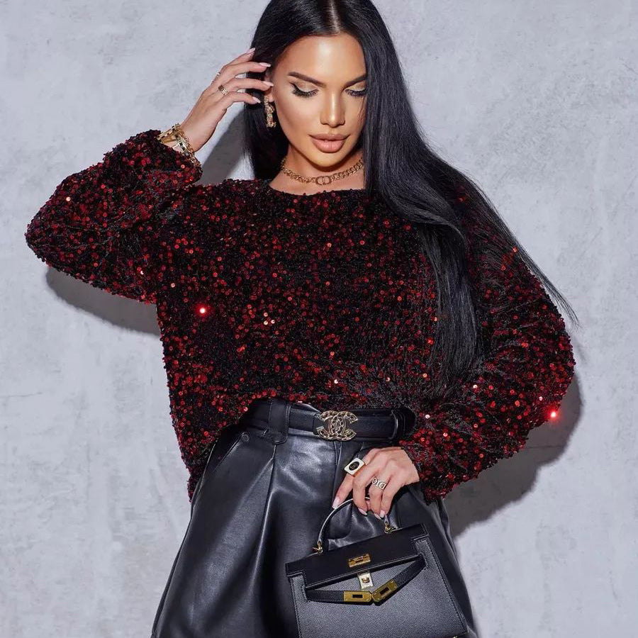Damen Glitzerndes Oversized Oberteil mit funkelnden Pailletten Heidi-Mode