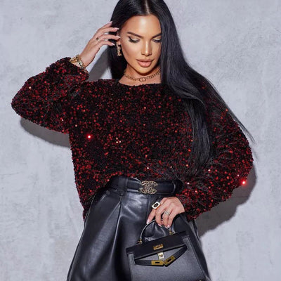 Damen Glitzerndes Oversized Oberteil mit funkelnden Pailletten Heidi-Mode