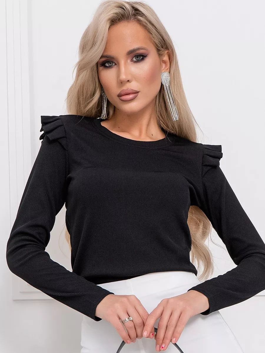 Damen Langarmshirt mit elegantem Rüschendetail und dezentem Strukturmuster Heidi-Mode