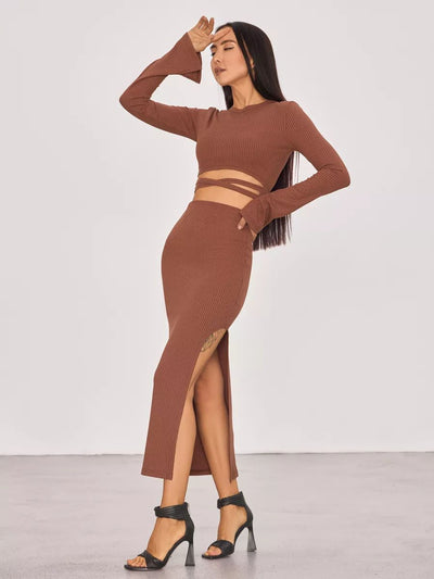 Damen Set mit taillierter Crop-Top und langem Rock mit hohem Schlitz Heidi-Mode