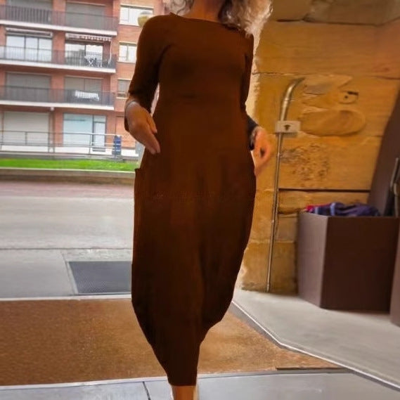 Damen Midi-Kleid mit asymmetrischem Saum und praktischen Taschen Heidi-Mode
