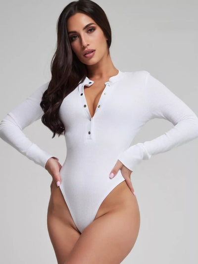 Damen langärmeliger Bodysuit mit Knopfdetails und tiefem Ausschnitt Heidi-Mode
