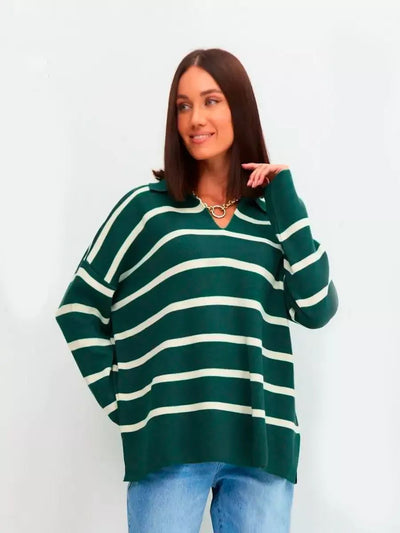 Damen lässiger Strickpullover mit klassischem Polokragen und modischem Streifenmuster Heidi-Mode