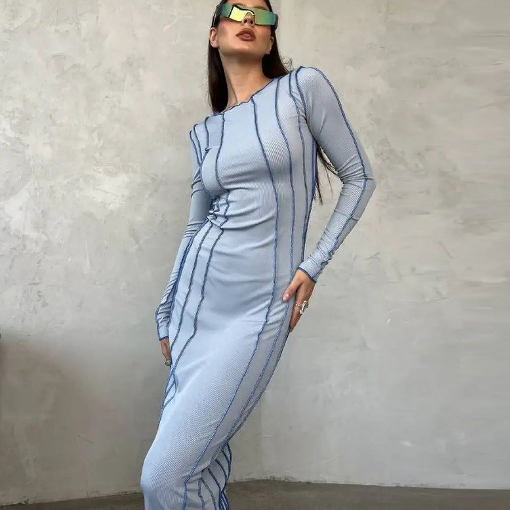 Damen figurbetontes Midikleid mit modernen Streifen und langen Ärmeln Heidi-Mode