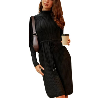 Damen Strickkleid mit Taillenkordelzug und elegantem Stehkragen Heidi-Mode