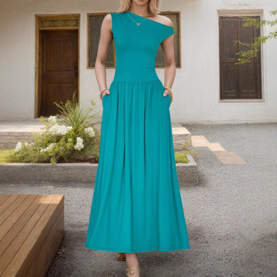 Damen Maxikleid mit asymmetrischem Ausschnitt und fließendem Rock Heidi-Mode