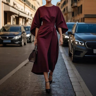 Damen elegantes Maxikleid mit oversized Ärmeln und tailliertem Gürtel Heidi-Mode