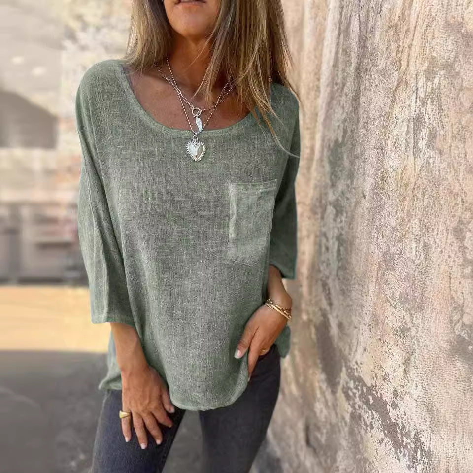 Damen lässiges Linenshirt mit praktischer Brusttasche und weitem Schnitt Heidi-Mode