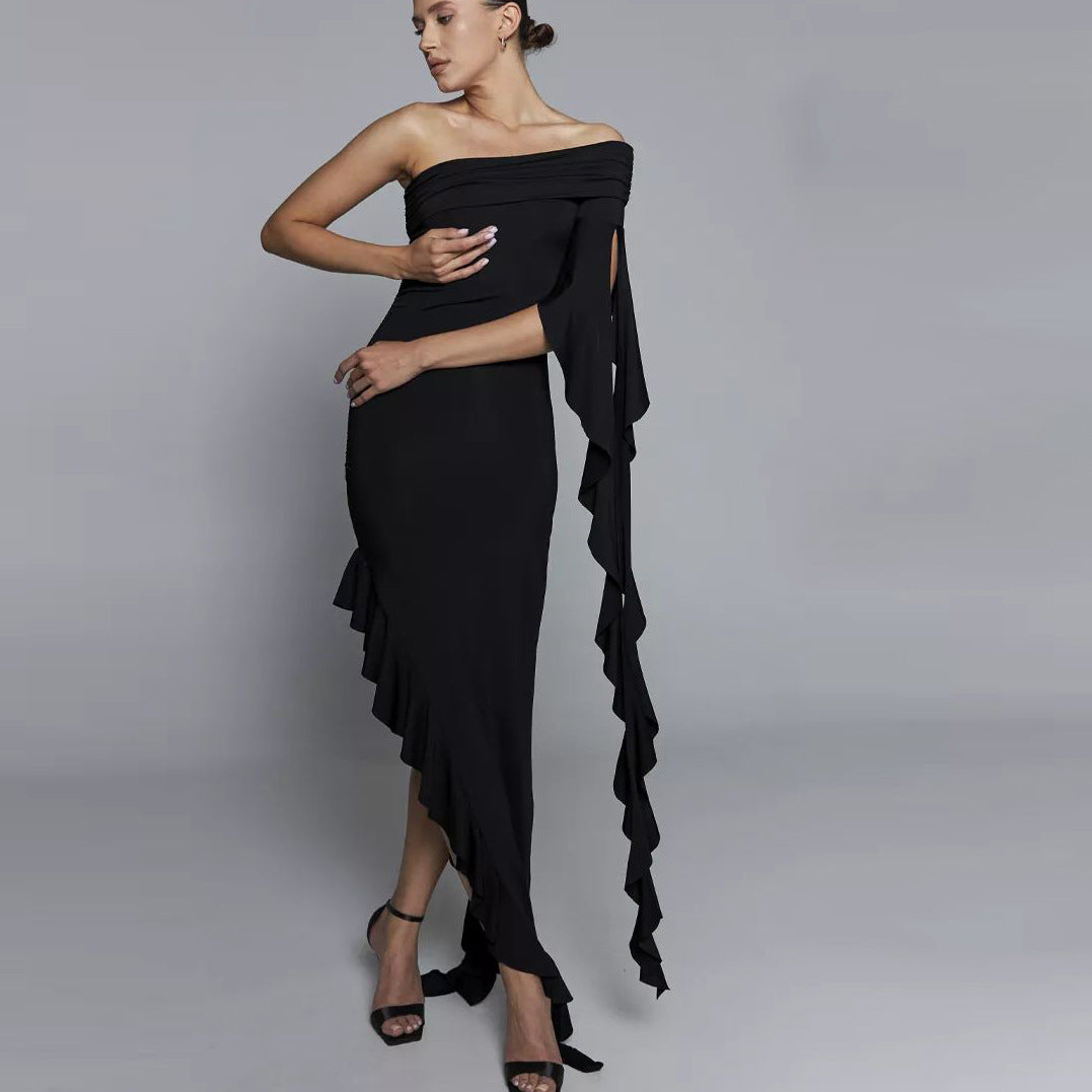 Damen elegantes Etuikleid mit asymmetrischem Ausschnitt und Rüschendetails Heidi-Mode