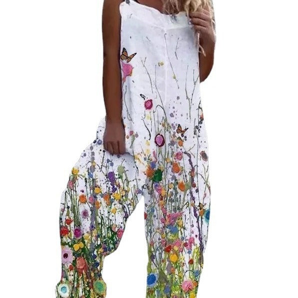 Damen luftiger Jumpsuit mit buntem Blumenmuster und verstellbaren Trägern Heidi-Mode