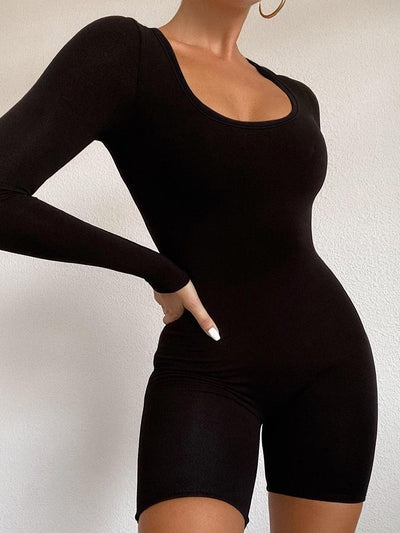 Damen Figurbetonter Jumpsuit mit Langarm und Rundhalsausschnitt Heidi-Mode