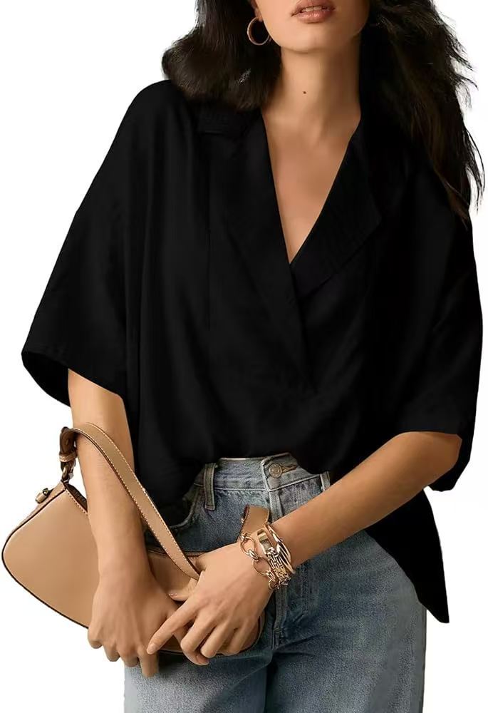 Damen lockeres und stilvolles Blusenoberteil mit V-Ausschnitt und kurzen Ärmeln Heidi-Mode