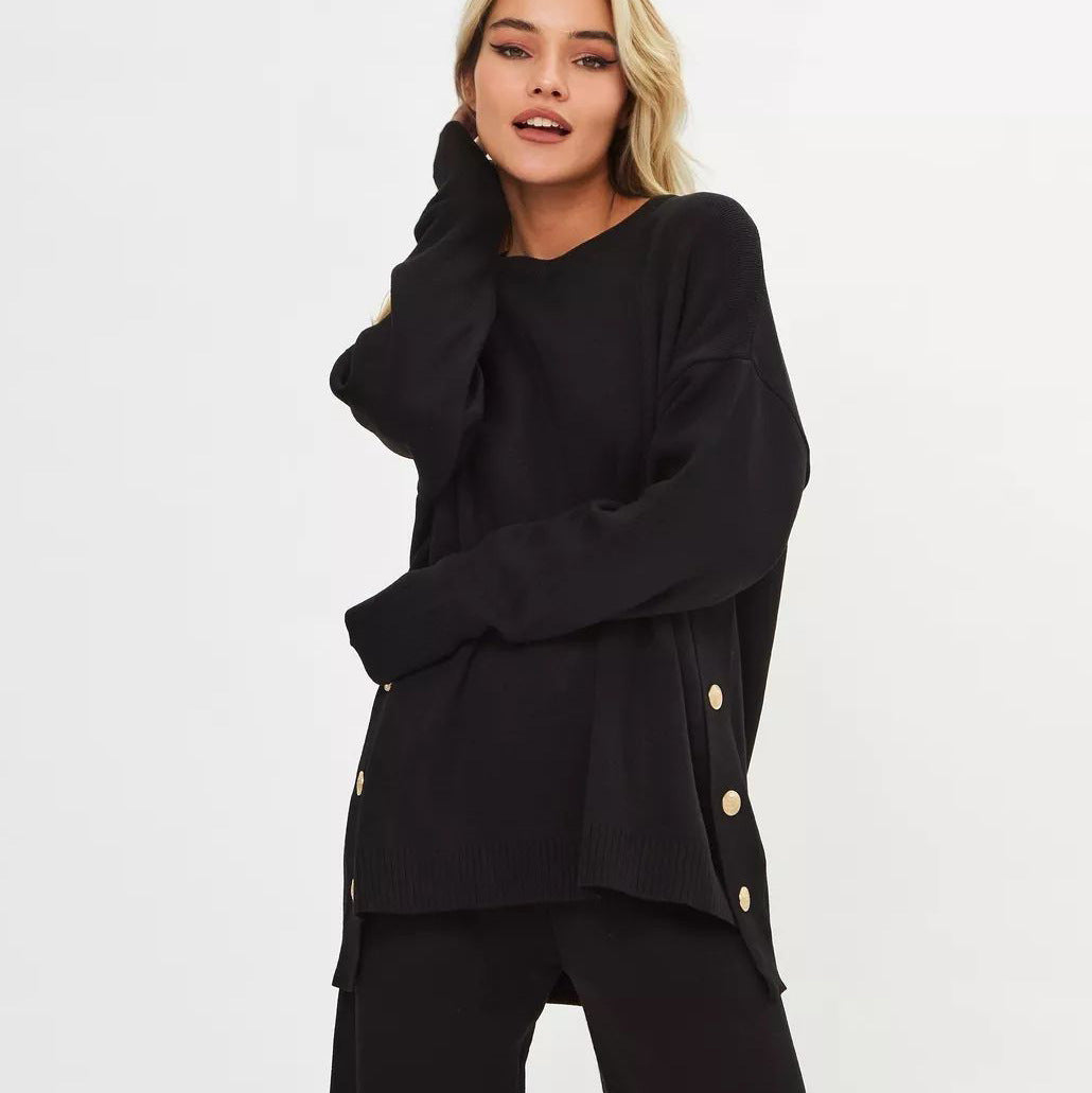 Damen lässiges Strickset mit weitem Schnitt und Knopfdetails Heidi-Mode