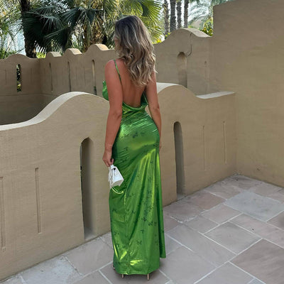 Damen figurbetontes maxikleid mit glänzender Oberfläche und Spaghetti-Trägern Heidi-Mode