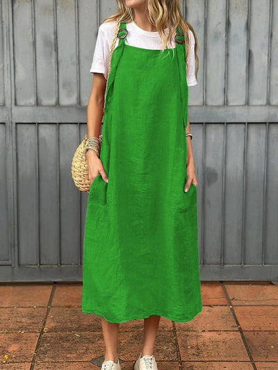 Damen Lässiges Leinenkleid mit praktischen Trägerdetails und großen Taschen Heidi-Mode