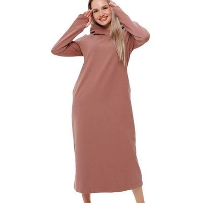 Damen kuscheliges Sweatkleid mit Kapuze und Eingrifftaschen Heidi-Mode