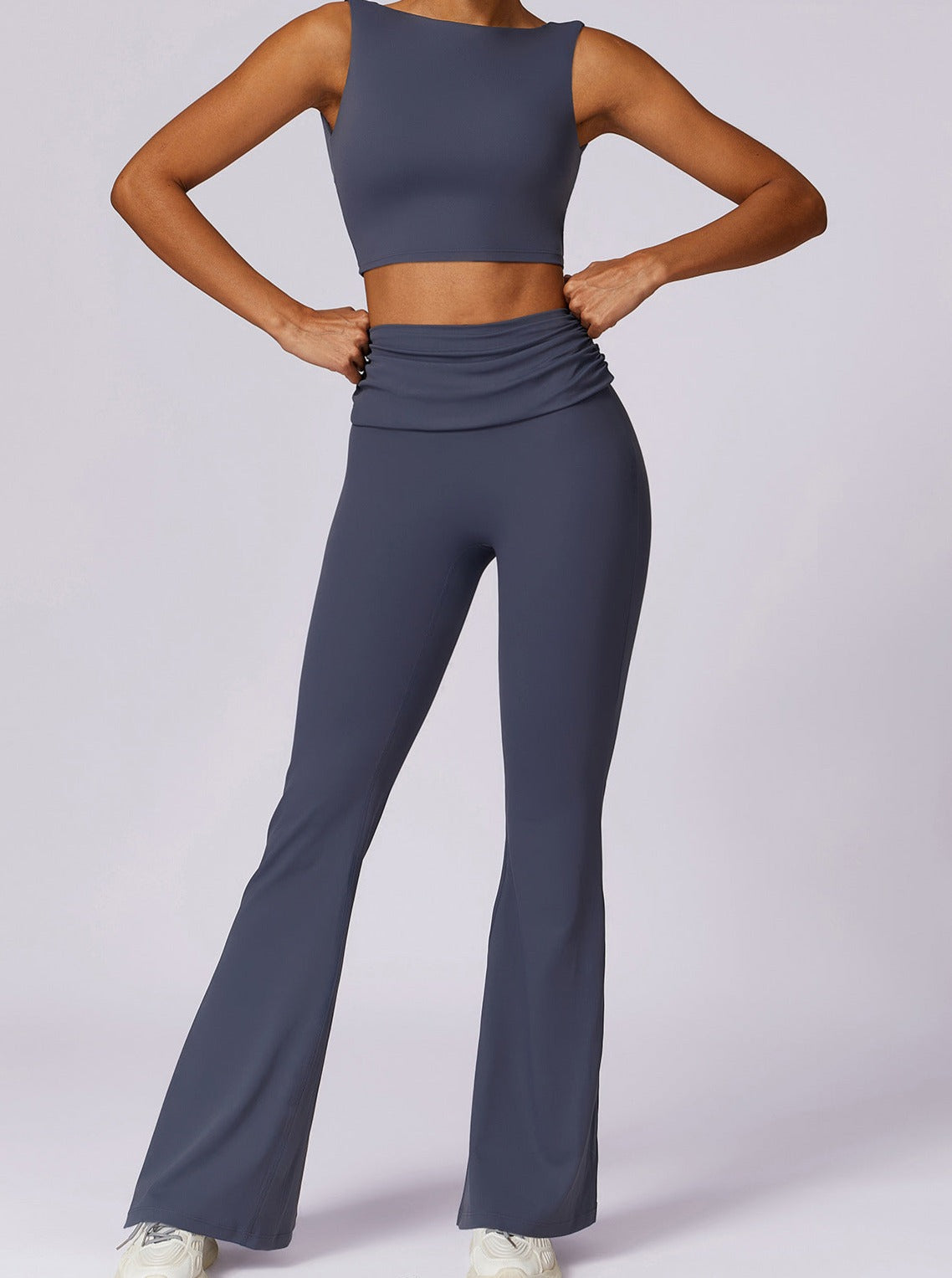 Amira | Dunkelblau High-Waist Flare Leggings mit Faltbund