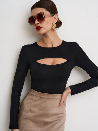 Damen Langarm Oberteil mit raffiniertem Cut-Out und figurbetontem Schnitt Heidi-Mode