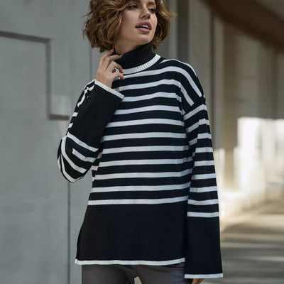 Damen gestreifter Pullover mit Rollkragen und strukturiertem Design Heidi-Mode