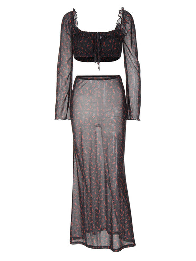 Damen feminines Blumenmuster-Kleid im Set mit langem Rock und Rüschendetails Heidi-Mode