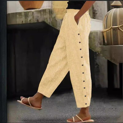 Damen Gestreifte Freizeithose mit Knopfdetails Heidi-Mode