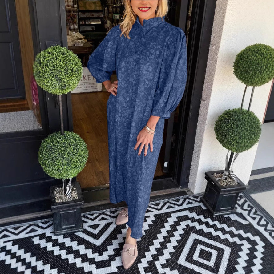 Damen Maxi-Hemdkleid mit botanischem Druck und eleganten Puffärmeln Heidi-Mode