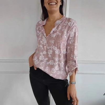Damen Bluse mit floralem Design und funkelnden Pailletten Heidi-Mode