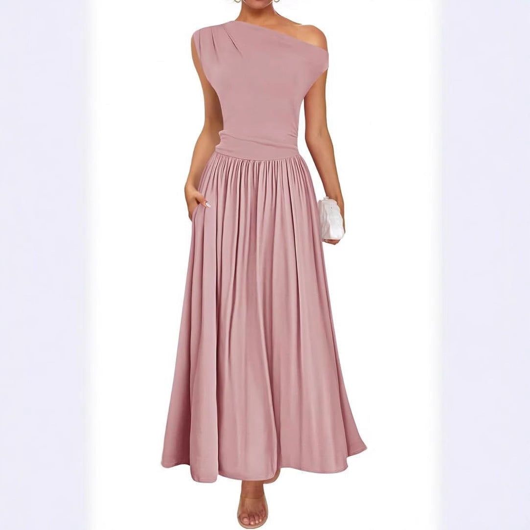 Damen Maxikleid mit asymmetrischem Ausschnitt und fließendem Rock Heidi-Mode