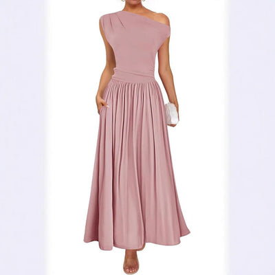 Damen Maxikleid mit asymmetrischem Ausschnitt und fließendem Rock Heidi-Mode